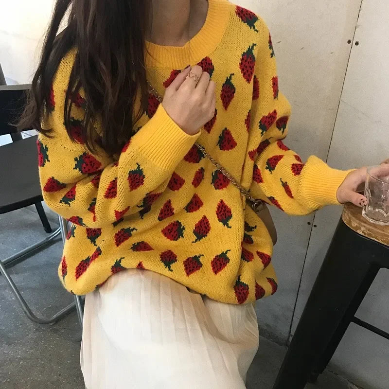 maoxiangshop - Sweet Women Sweaters Strawberries Print Long Pullovers Tops Autumn Winter Loose Sueter Mujer Girls Knitwear