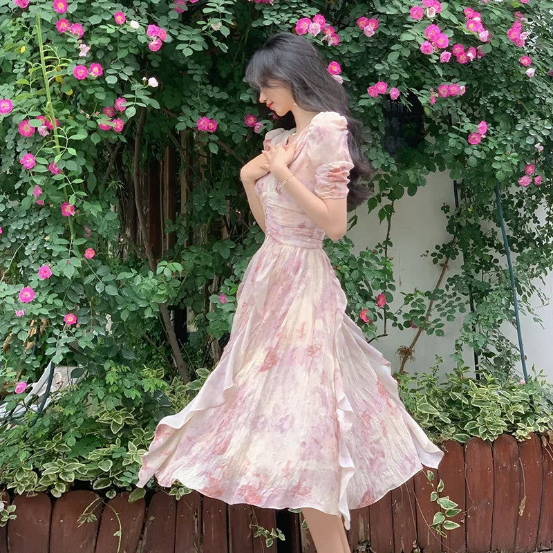 maoxiangshop Summer V-neck Print Dress French Style Women Elegent Party Pink Midi Dress Female Fashion A Line Holiday Korean Clothes Vestidos