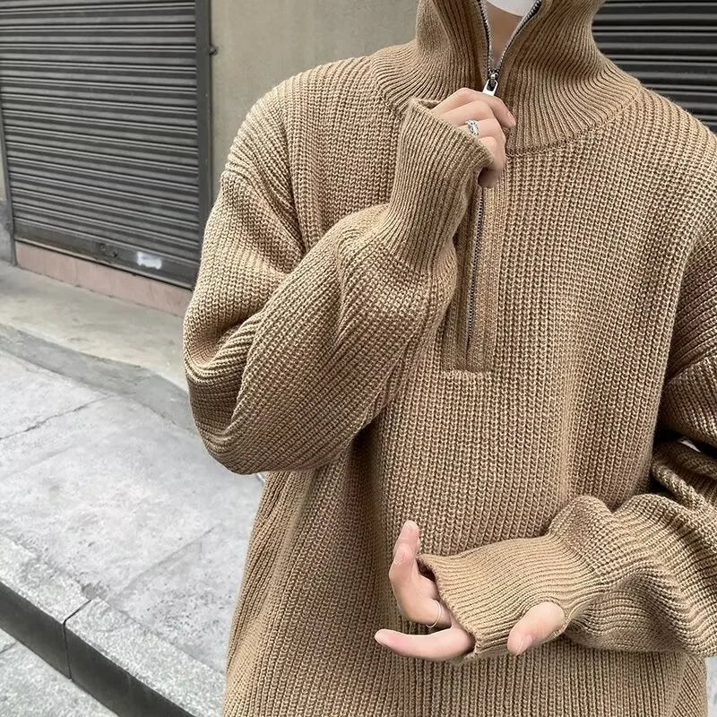 maoxiangshop FALL OUTFITS MEN Autumn Men's Half Zipper Knitted Pullover Sweater Y2K Vintage Casual Knitwear New Stand-up Collar Loose jersey hombre