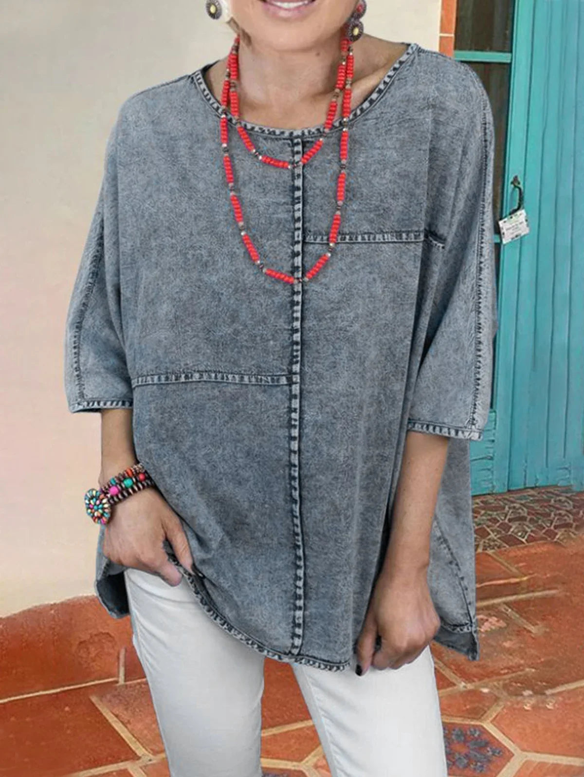 maoxiangshop Women's Plus Size Denim Shirts Spring Fashion Half Sleeve Spliced Elegant Shirt Blouse Woven Cotton Shirt Chemise Blusas Tops