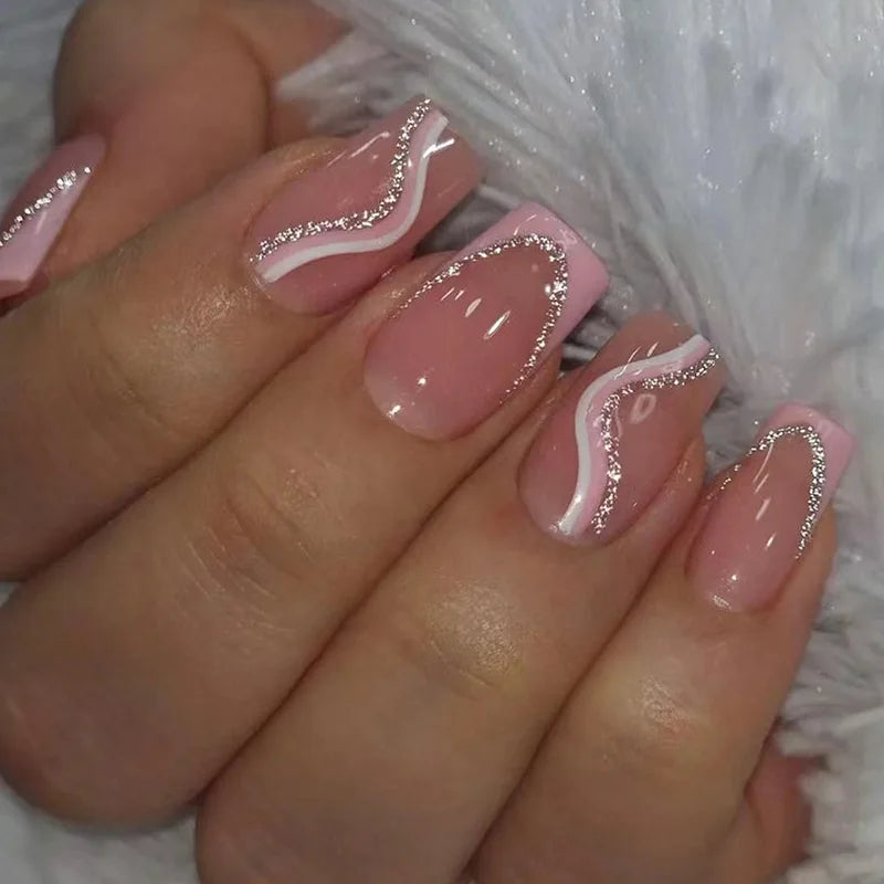 maoxiangshop 24Pcs Long Square Head False Nails with Gold Foil Design Wearable Black French Fake Nail Glitter Coffin Full Cover Press on Nail