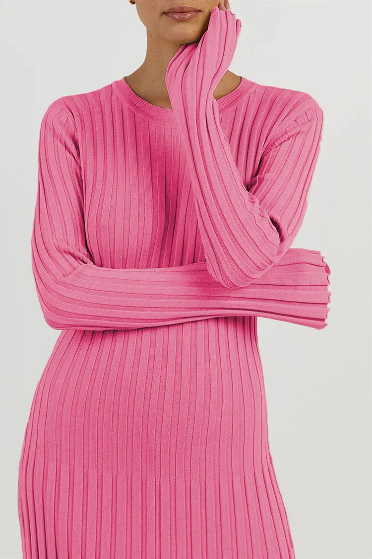 maoxiangshop - Fashion Long Sleeve Crewneck Tight Knitted Sweater Dress Autumn New Sweater Dress Women Pit Solid Color Base Dress elegant