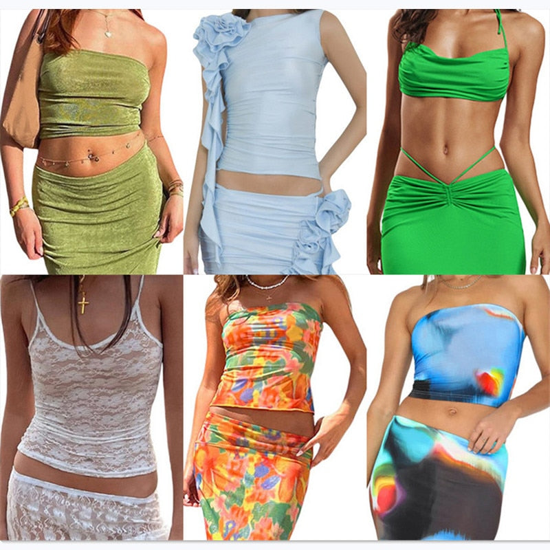 maoxiangshopTwo Piece Skirt Set Women's Suit y2k Clothes Summer Sexy Outfit Cropped Top and Split Skirt Chic Elegant Female Clothing