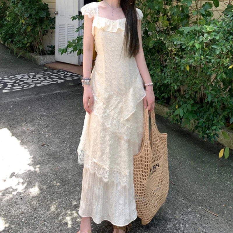 maoxiangshop Elegant Lace Ruffle Woman Dresses Midi Short Sleeves One Piece Korean Dress Vintage Floral Holiday Summer Vacation Chic