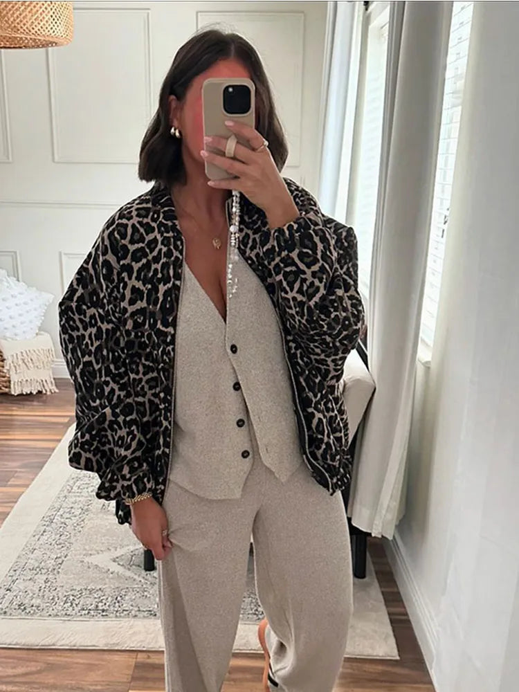 maoxiangshop - Chic Leopard Printed Pattern Lamb Wool Coat 2024 Autumn Winter Fashion Warm Outerwear Female New O Neck Zipper Loose Jackets