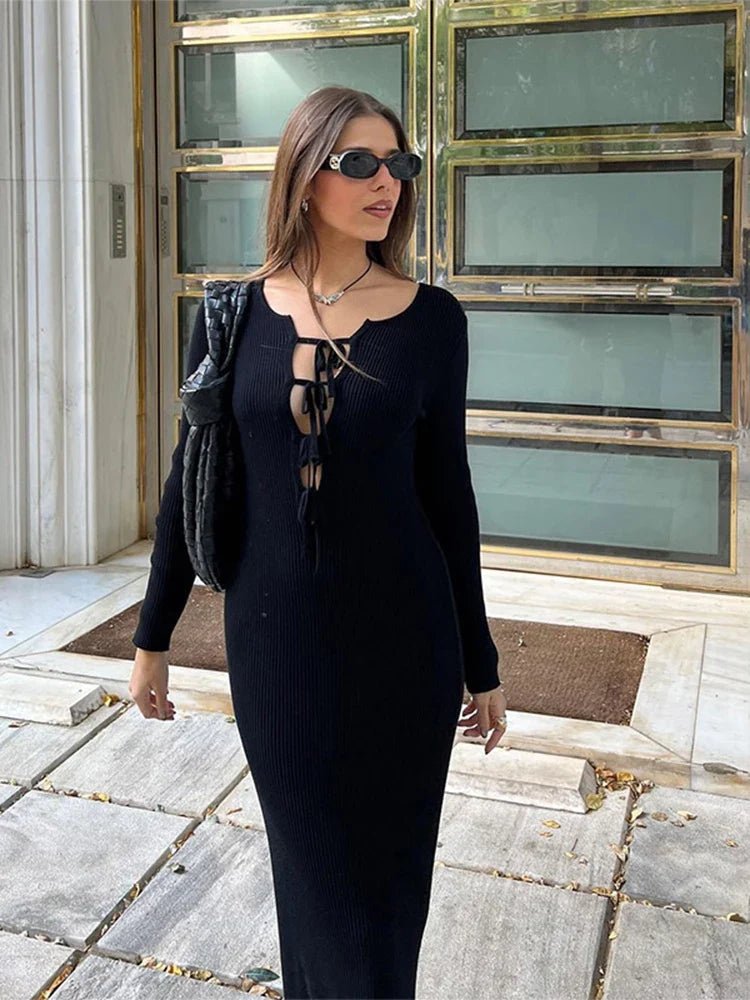 maoxiangshop - Women Sexy Lace Up Long Knit Dresses Trend Solid Hollow Out Bodycon Sweater Dress Autumn Winter Ladies Chic Knitted Clothes