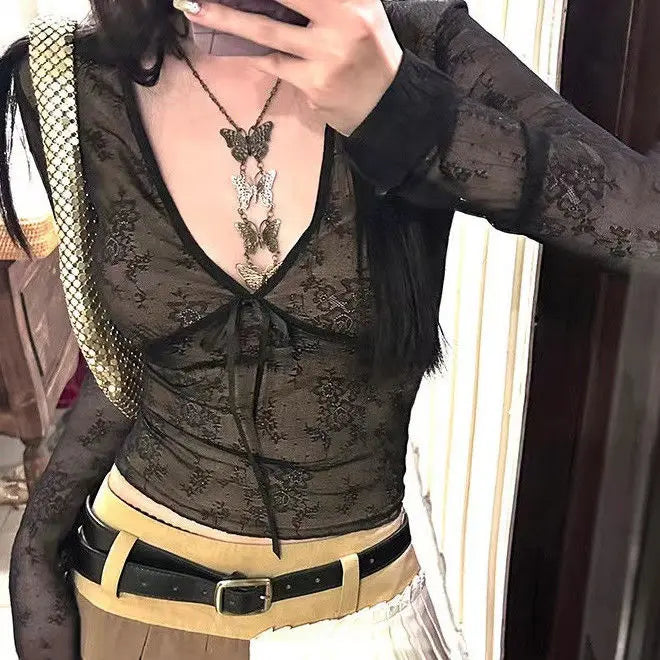 maoxiangshop - 2024 Coquette Aesthetic Mesh T Shirts Women Vintage V Neck Lace Bow Cropped Tops Y2k Sexy Slim Fit Long Sleeve Tee Shirts
