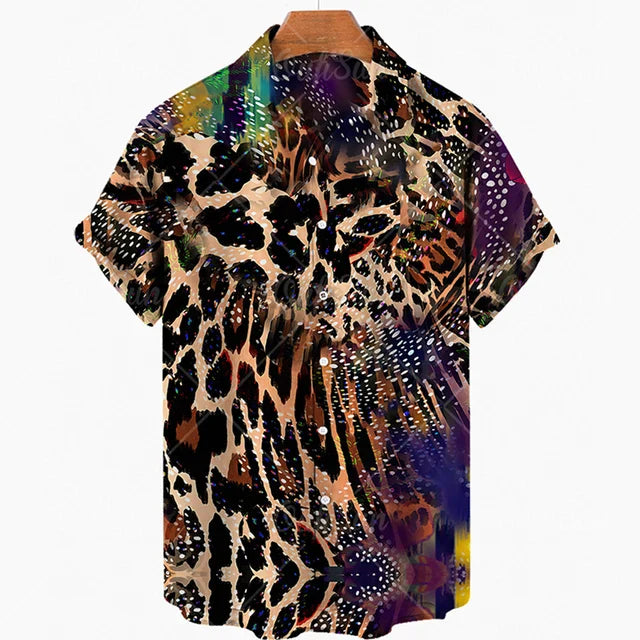 maoxiangshop Short Sleeve Leopard Men's Shirts For Man Clothing Hawaiian Fashion 3D Print Thin Lapel Floral Casual Oversized Imported Camisa