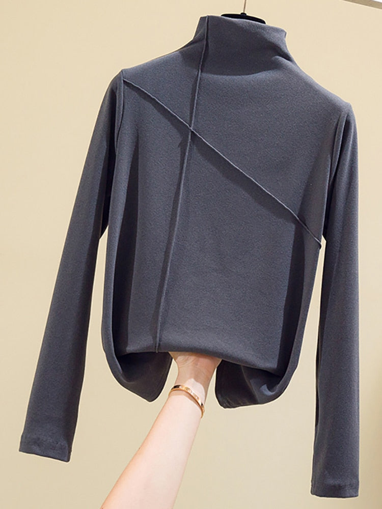 maoxiangshop Long Sleeve Thick T Shirt Women Winter Tops Turtleneck Warm T-Shirt Korean Cotton Tshirt Woman Tee Shirt Femme Pink Blue