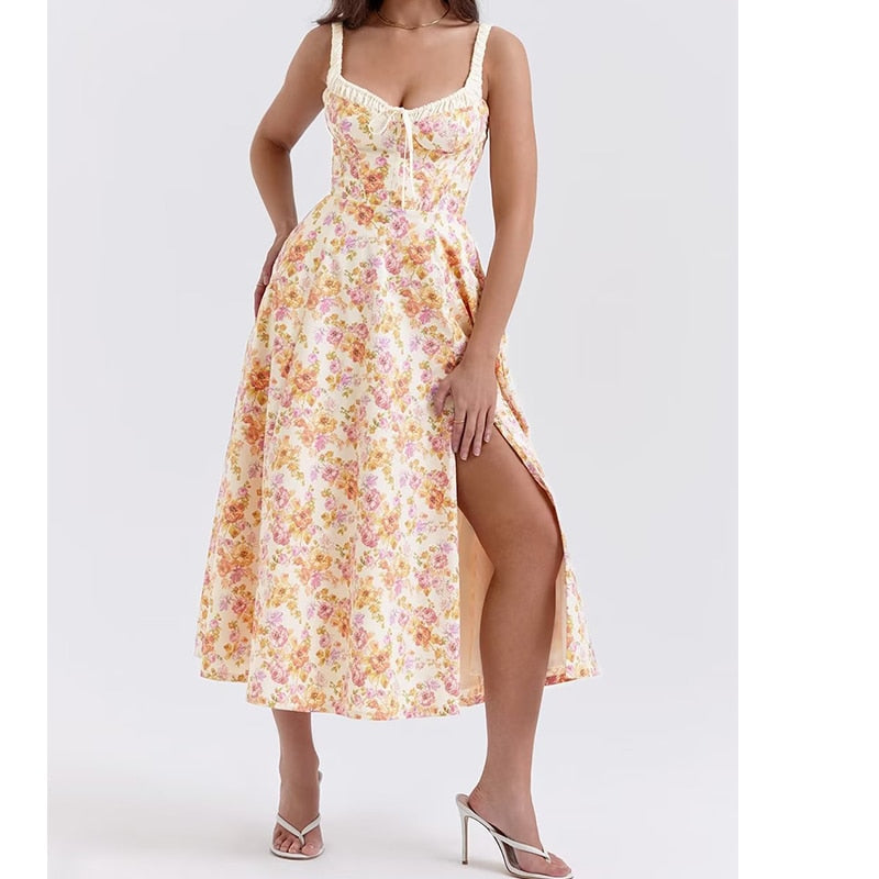 maoxiangshop Women French Style Floral Print A-line Midi Sling Dress Sexy Sleeveless Front Slit Female Holiday Party Summer Dress