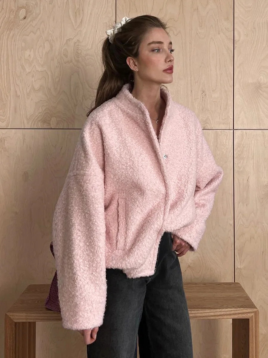 maoxiangshop - Pink Short Fur Jacket Coat For Women Autumn Winter Casual Stand Collar Pocket Loose Fashion Long Sleeve Jacket Top Female