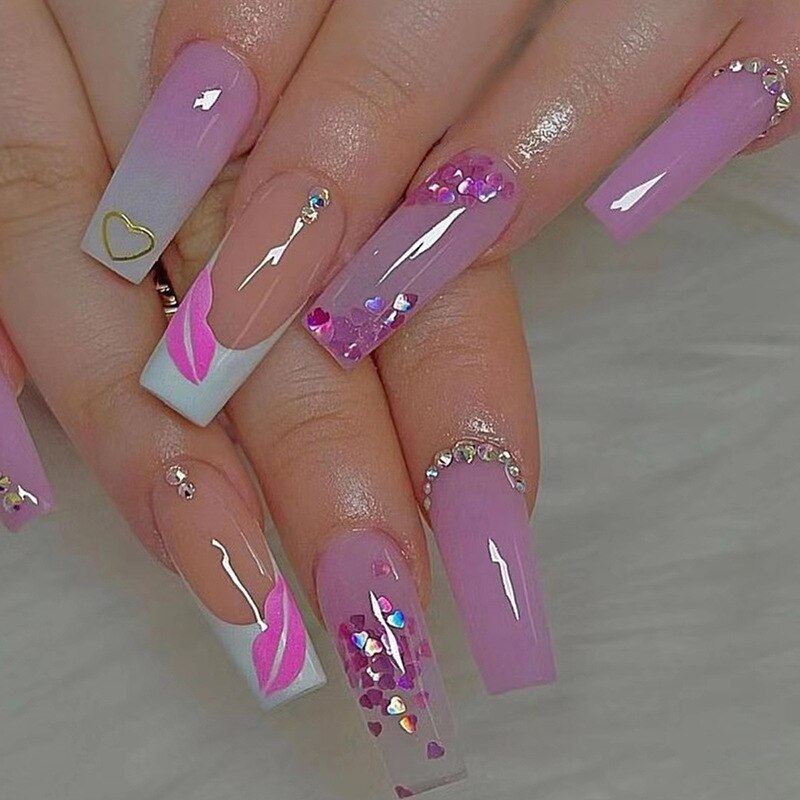 24Pcs Ballet Full Cover Fake Nails Flower Butterfly Design with Rhinestones False Nails Wearable Press on Nails Manicure Tips