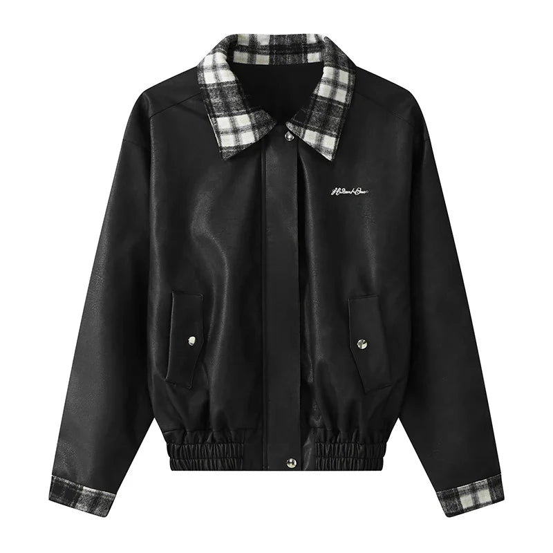 Fall Winter Women Old Money Outfits 2 Piece Set Pu Faux Leather Oversize Vintage Jacket + 2000s Plaid Gyaru Mini Pleated Skirts
