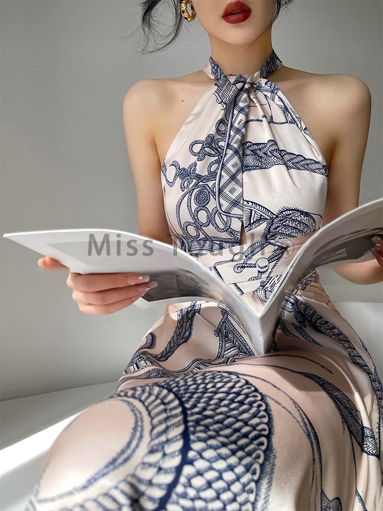 maoxiangshop Print France Vintage Elegant Dress Women Sleeveless Halter Sexy Korean Retro Dresses Designed Evening Party Long Dress New