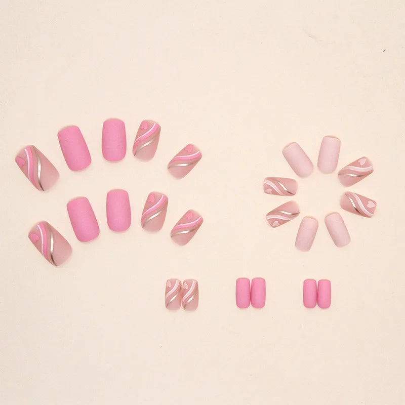 maoxiangshop 24Pcs Square Head False Nails with Glue Pink Wavy Line Design Fake Nails Artifical Finished Press on Nails Full Cover Nail Tips