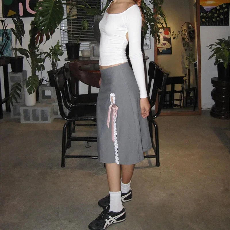 Side Slits Lace Maxi Skirt For Women Kawaii Bow Bandage High Waist Skirts Women's Street Autumn Fashion Sexy Skirt Woman