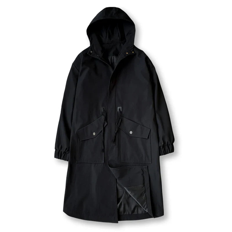 maoxiangshop Long Trench Coat Jacket Men Autumn Spring Black Hip Hop Japanese Coats Streetwear Male Hooded Army Green Casual Jackets