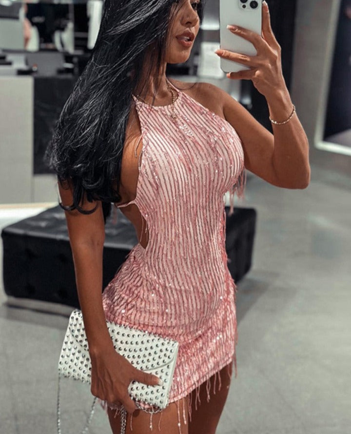 maoxiangshop Prom Halter Backless Shiny Tight Mini Dress Women Summer Sexy Elegant Party Night Club Bodycon Sundress Wrap Dance Short Dresses