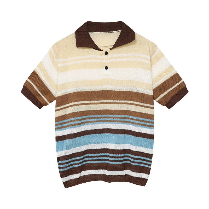 maoxiangshop Vintage Y2K Striped Polo Shirt Mens Knitwear Summer Short Sleeve Buttoned Lapel Knit Tops For Men Casual Loose Breathable Polos