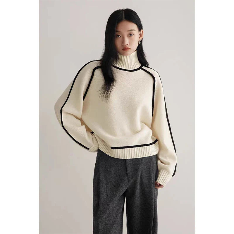 Vintage Striped Sweater Women Patchwork Knitted Pullovers Korean Half High Neck Knitwear Winter Long Sleeve Loose Jumpers