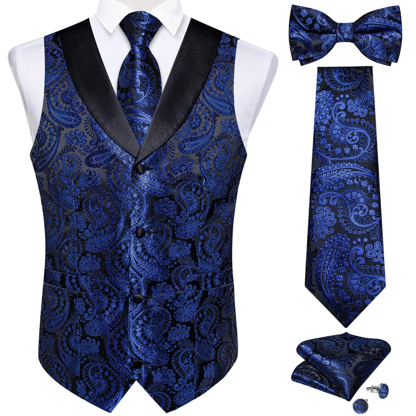 maoxiangshop Brand Suit Vest Set For Men Luxury Silk Black Gold Paisley Dress Vest Tie Cufflinks Handkerchief Set Male Sleeveless Waistcoat