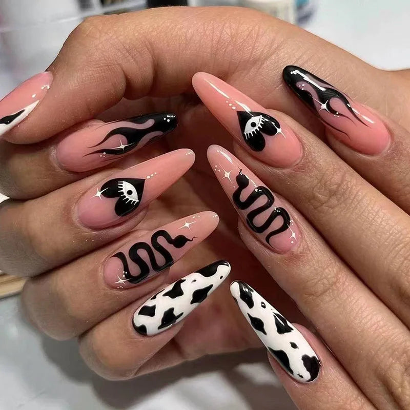 maoxiangshop 24Pcs Blue Flower False Nails Almond Cute Heart with French Design Detachable Fake Nails Artificial Press on Nails Tips Art