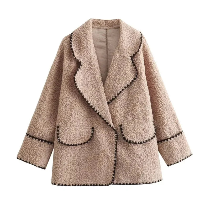 maoxiangshop - Elegant Solid Lapel Lamb Wool Wram Jacket Women O Neck Long Sleeves Slim Pocket Coats 2024 Autumn Winter Fashion Warm Outerwear