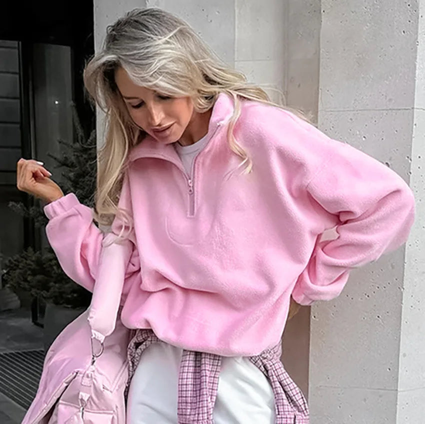 maoxiangshop - Fashion Women's Sports Sweatshirts Velvet 2024 Autumn Winter New Niche Solid Loose Casual Outer Top Long Sleeve Pullover