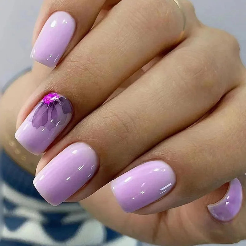 maoxiangshop 24Pcs Blue Flower False Nails Almond Cute Heart with French Design Detachable Fake Nails Artificial Press on Nails Tips Art
