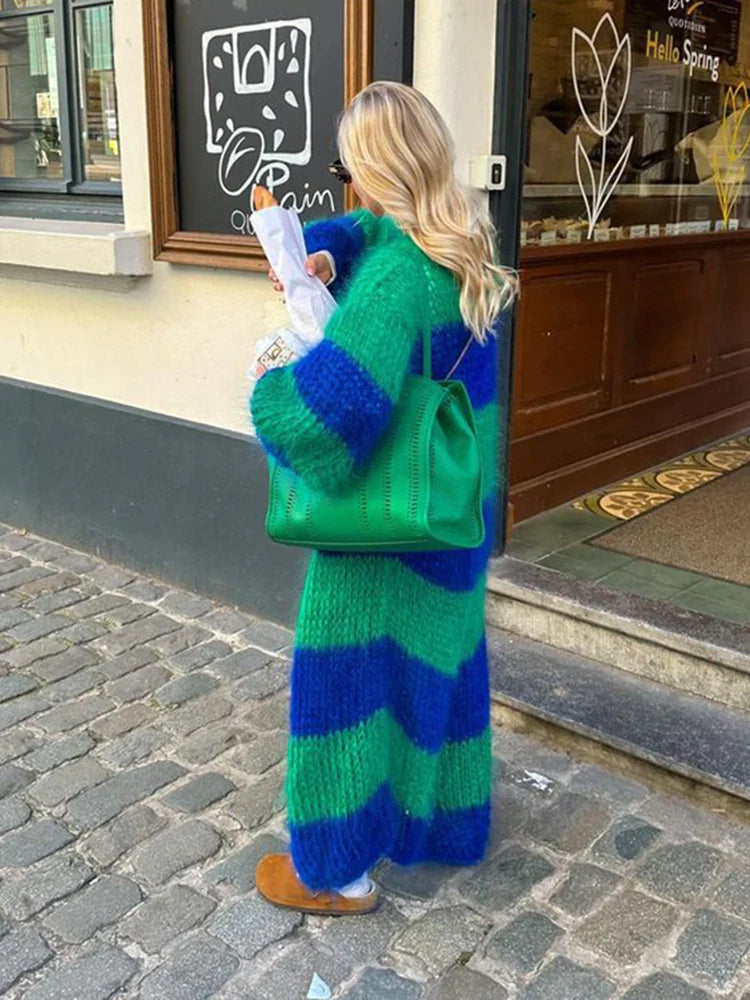 maoxiangshop - Chic Striped Knit Long Coat Women Lantern Sleeve Thicken Warm Cardigan Jacket 2024 Winter Fashion Female Street Outwears