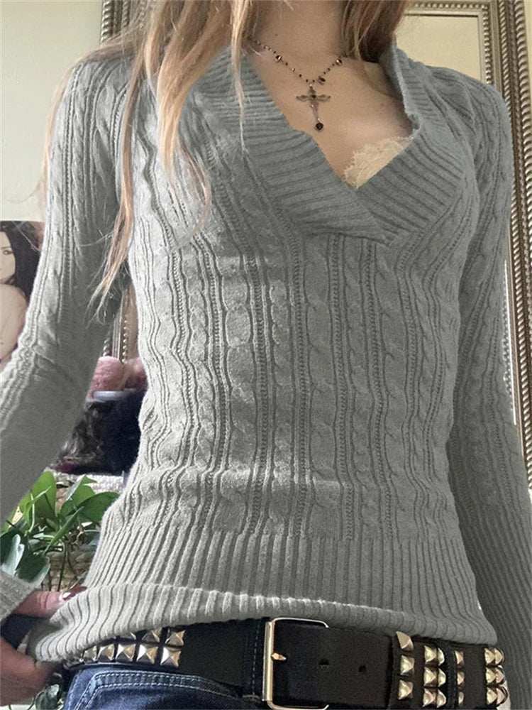 maoxiangshop - Twisted Flower Woven Hooded Sweater Women V-Neck Long Sleeve Solid Color Slim Casual Sweatshirt Autumn/Winter Streetwear