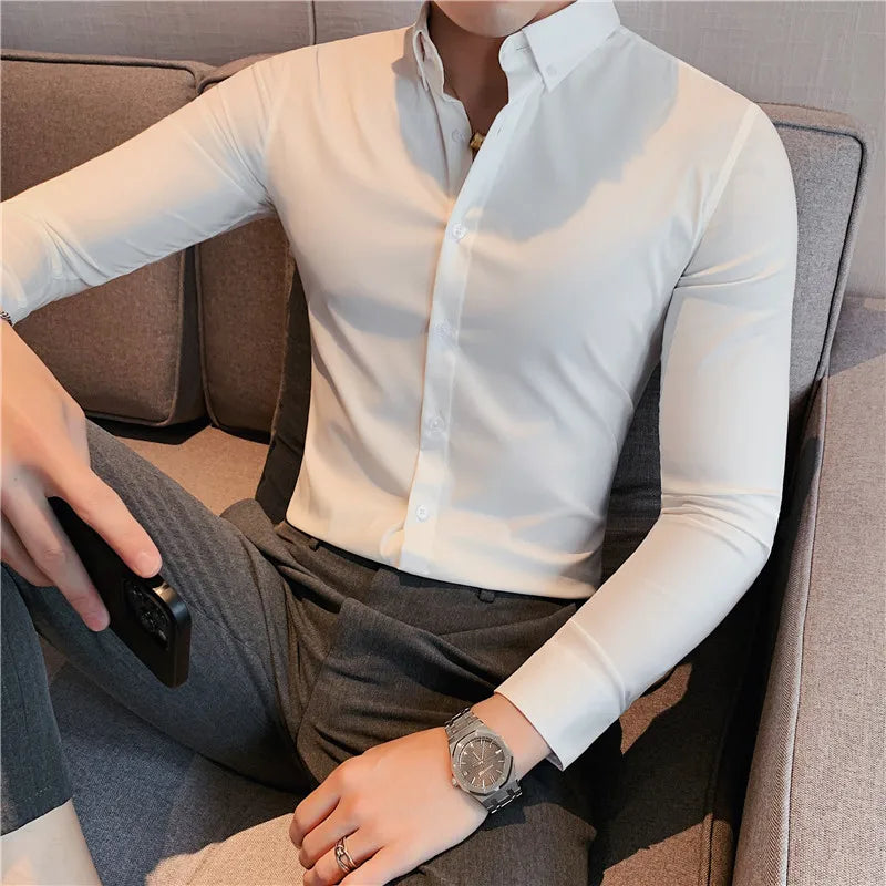 maoxiangshop British Style Men Long Sleeved Shirt Autumn Anti-wrinkle Soft Solid Casual Elastic Slim Fit Camisas Y Blusas Men Clothing