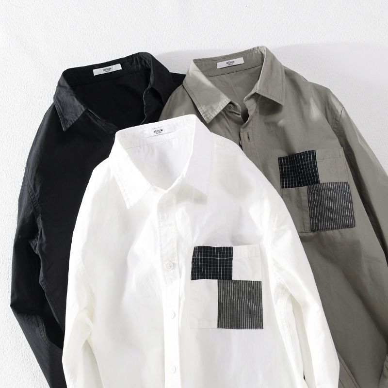 maoxiangshop Spring Autumn Solid Long Sleeve Shirt Men Clothing Turn-down Collar Loose Casual Cardigan Man Simple Printed Pocket Tops