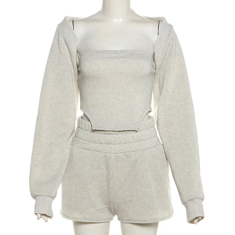 maoxiangshop - 2024 Fall Winter Women Solid Sweatsuits 3 Piece Set Strapless Tanks Top + Long Sleeve Cardigans + Shorts Casual Streetwear Suits