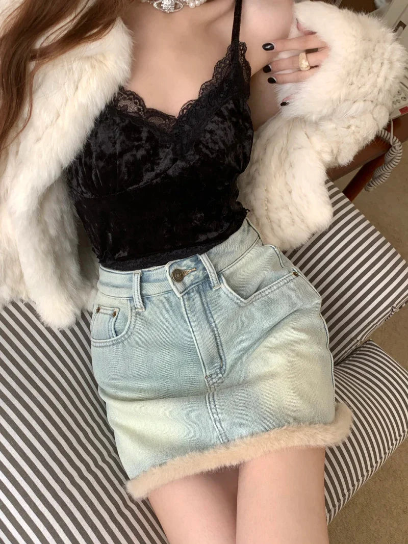 maoxiangshop - Spring and Autumn Hairy Splicing Denim Skirt Spicy Girl New Fashion Punk Style Plush High Waist Slimming Short Skirts for Women