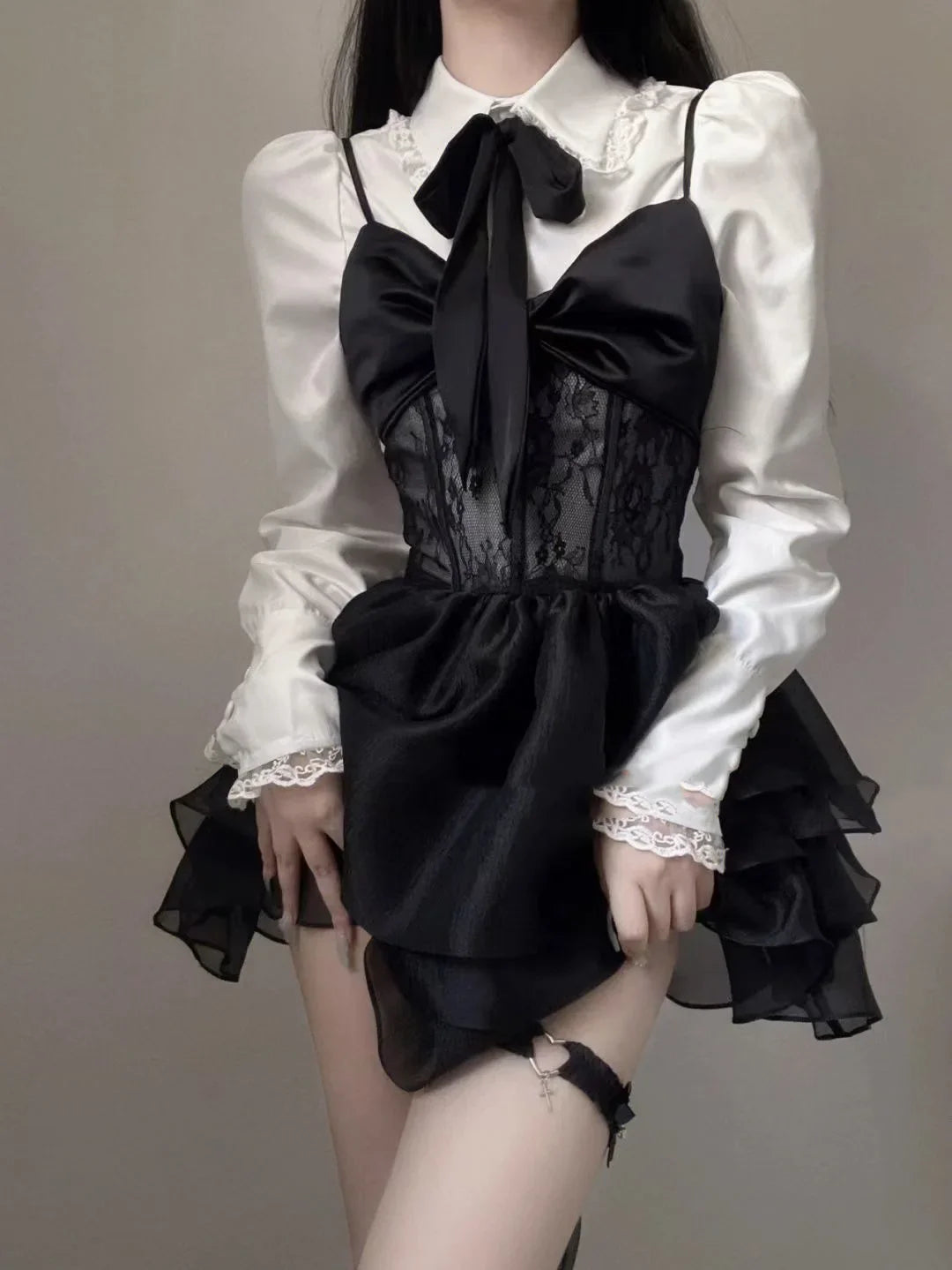 maoxiangshop - Streetwear Women's Clothing Girls Y2K Autumn Bow Mini A-line Dresses Set Harajuku Chic and Elegant Woman Dress Gothic