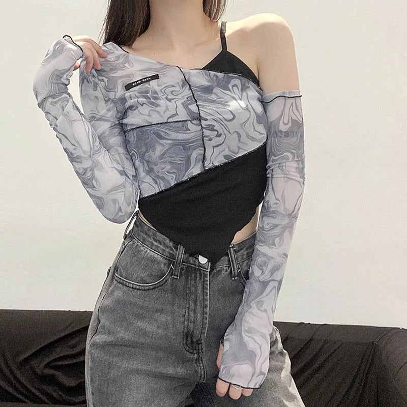 Asymmetrical Yamamoto Sleeve T-Shirts Women Sexy Cute Slope Neck Ruffles Fashion Tide Autumn Crop Tops Chic