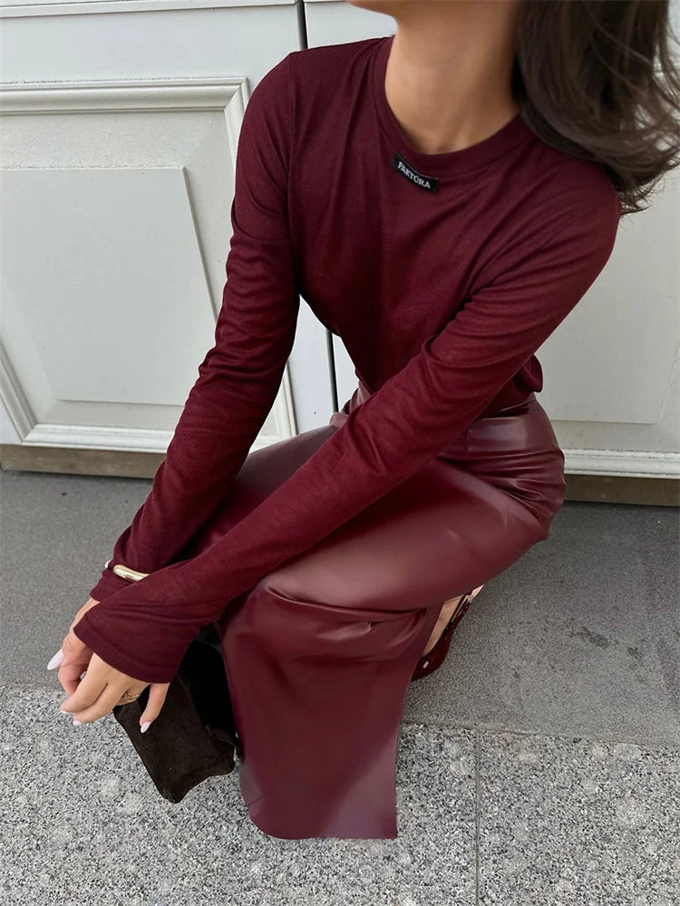 maoxiangshop - PU Fashion High Waist Female Long Skirt Casual Solid High Waist Vintage Streetwear Y2k Maxi Skirt Commute Clothes Autumn