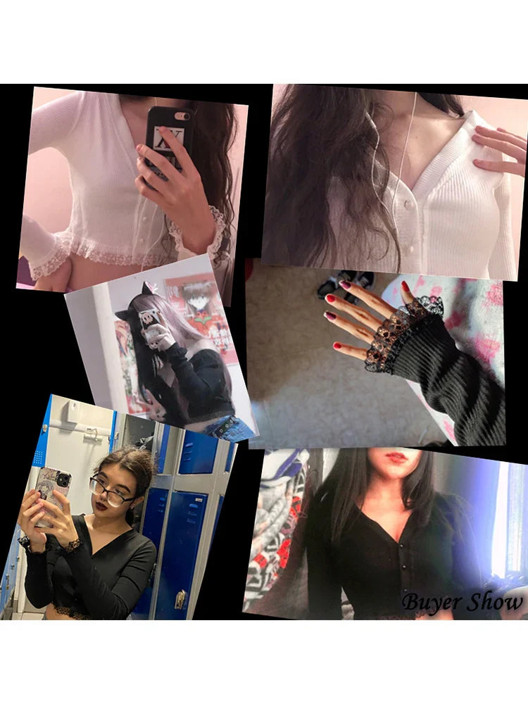 maoxiangshop Gothic Dark Black Punk Sexy Lace Patchwork Knitted T-shirt Women Long Sleeve V-neck Slim Street Bottom Cardigan Female