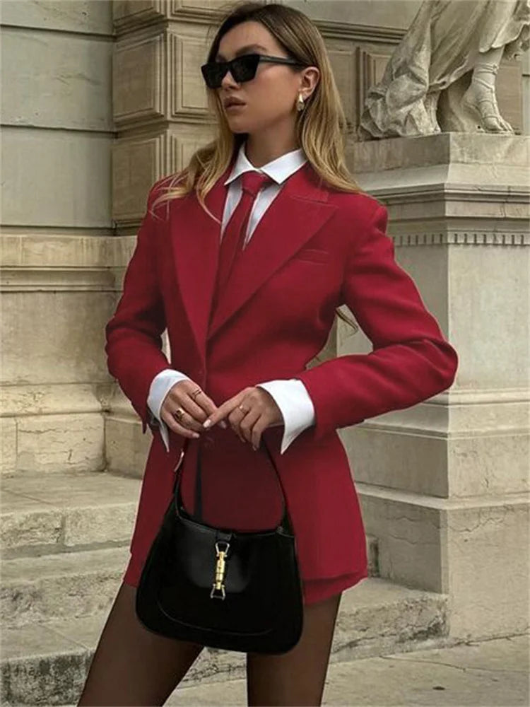 maoxiangshop - Female 2 Piece-Set Elegant Neckties Suit Pocket Outwear And High Waist Shorts Sets Commute Clothes Women's Outfits Autumn