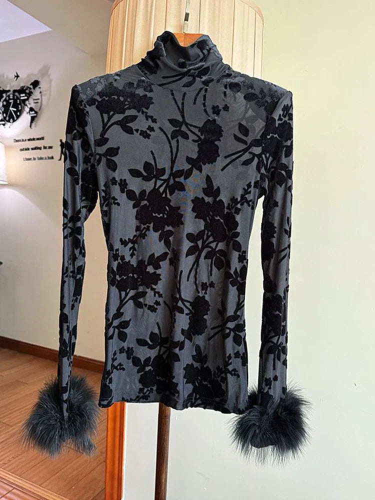 maoxiangshop - Long Sleeve T-Shirt Women High Neck Print Velvet Slim 2024 Winter New Basic Pullover Fashion T Shirts