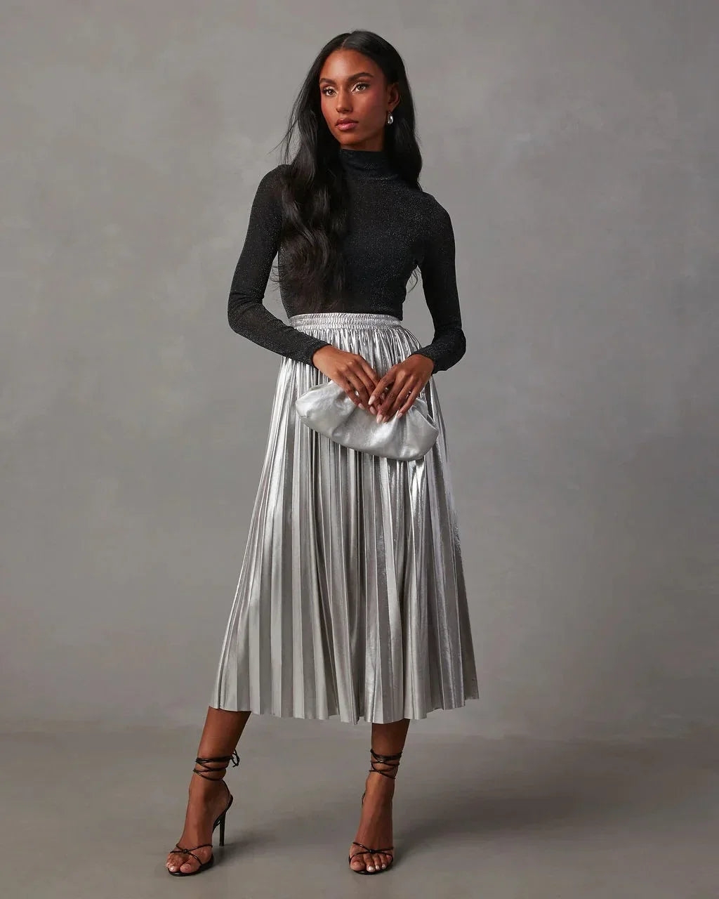 maoxiangshop - New Fashion Giny Pleated Long Skirts Autumn Winter High Waist A- Shaped Midi Long Metallic Pleated Skirt for Women Skirts