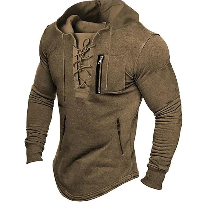 maoxiangshop Men Autumn Spring Top Lace Up Drawstring Solid Color Long Sleeve Zipper Pockets Pullover Streetwear Men Mid Length Hoodie