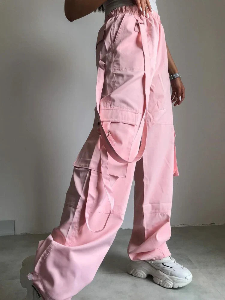 maoxiangshop - High Waist Cargo Pants Women Pocket Loose Pink Fashion Baggy Sweatwear Female Autumn Winter Casual Sweatpants Woman