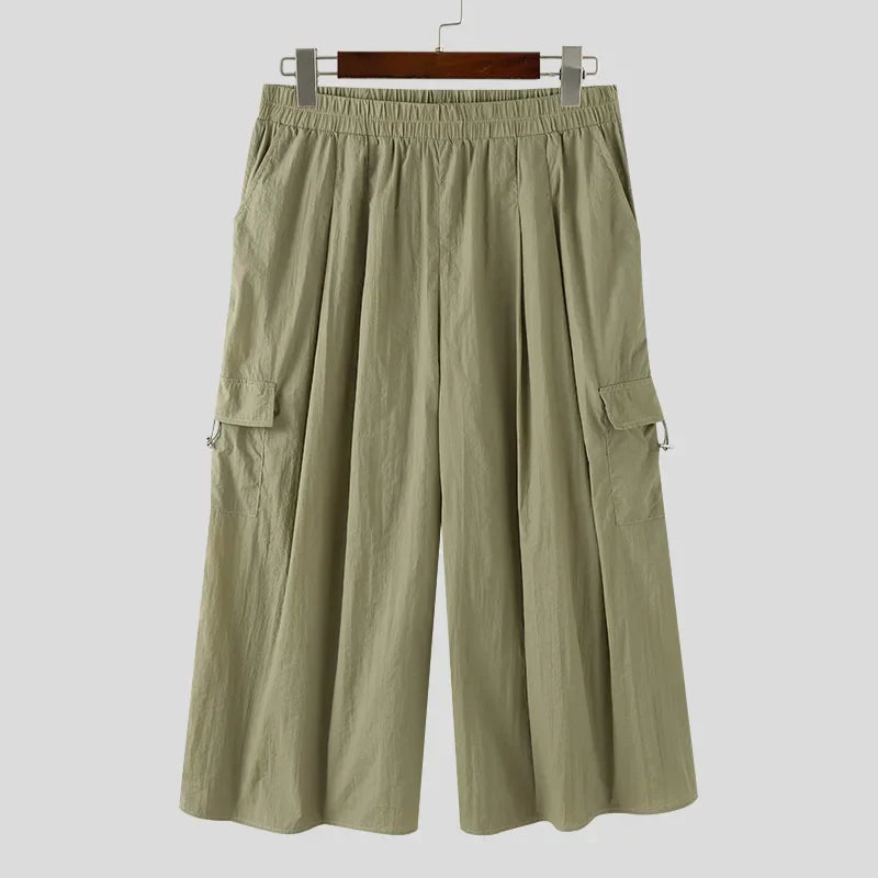 maoxiangshop 2024 Men Wide Leg Pants Elastic Waist Loose Pockets Casual Trousers Men Solid Streetwear Joggers Fashion Cargo Pants