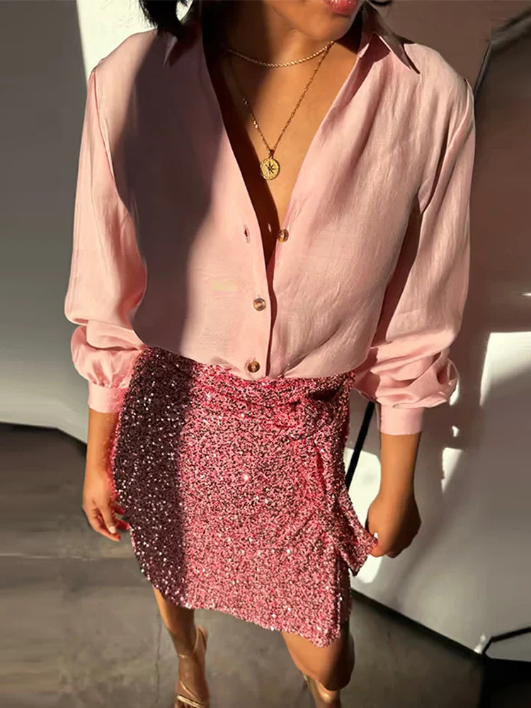 maoxiangshop - Sequin Glitter Knotted Mini Skirt Women Fashion Evening Party Split Bodycon Skirts Female Chic 2024 Autumn Colorful Club Robe