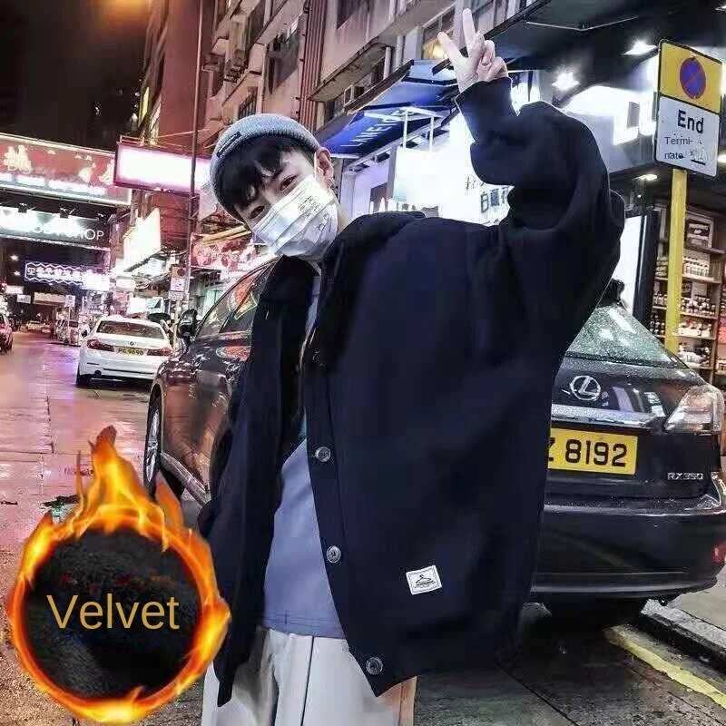 maoxiangshop Autumn Korean Sweatshirts for Men Casual Zip Up Hoodies Loose Coat Street Thick Warm Fashion Hip Hop Cardigans Hooded Jacket