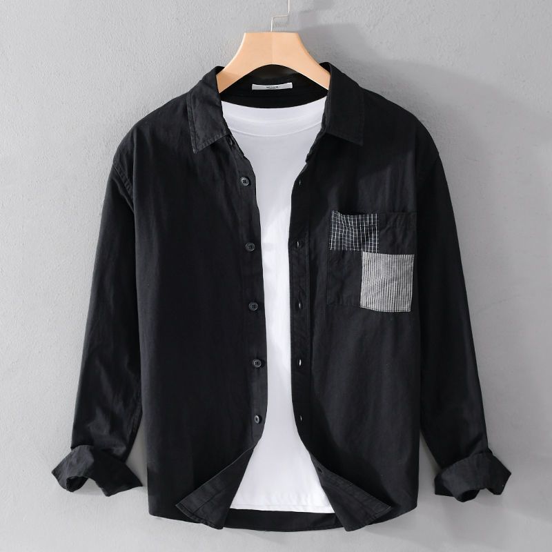 maoxiangshop Spring Autumn Solid Long Sleeve Shirt Men Clothing Turn-down Collar Loose Casual Cardigan Man Simple Printed Pocket Tops