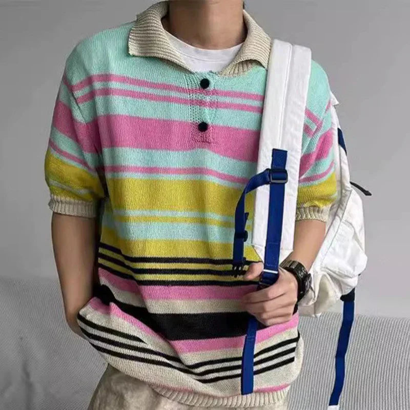 maoxiangshop Vintage Y2K Striped Polo Shirt Mens Knitwear Summer Short Sleeve Buttoned Lapel Knit Tops For Men Casual Loose Breathable Polos