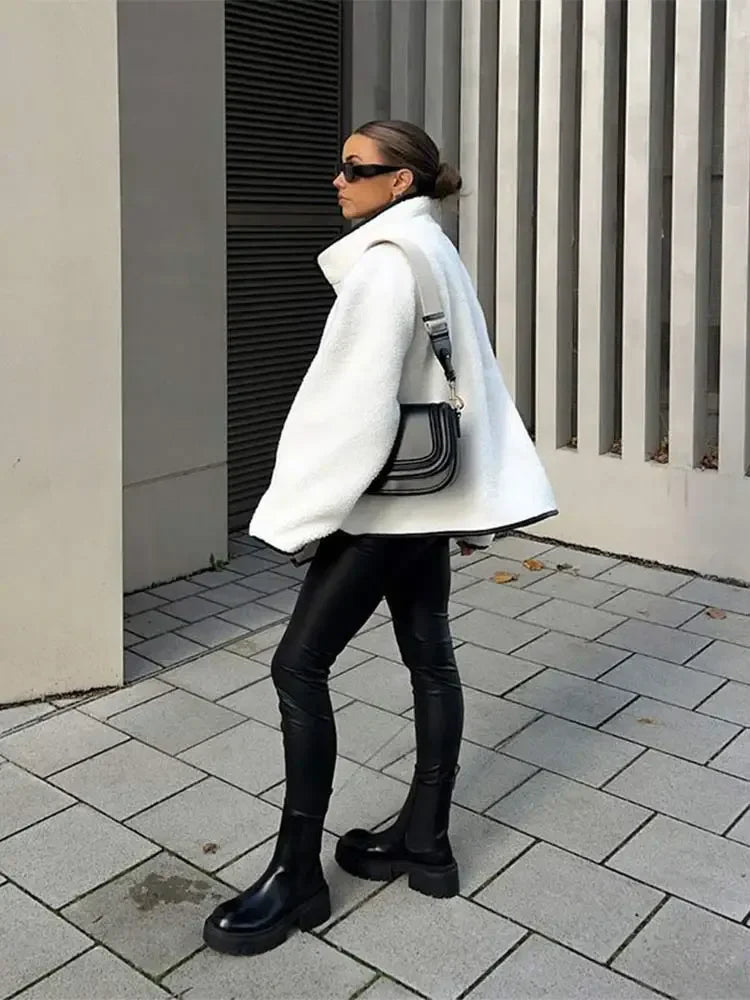 maoxiangshop - Fashion Contrast Lamb Wool Jacket Women Casual Single Breasted Stand Collar Long Sleeves Thick Coat Autumn Winter Lady Outwear